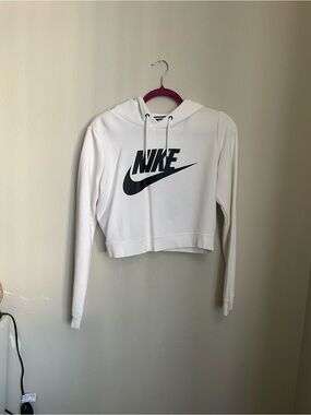 Nike White Cropped Hoodie with Black Swoosh Logo